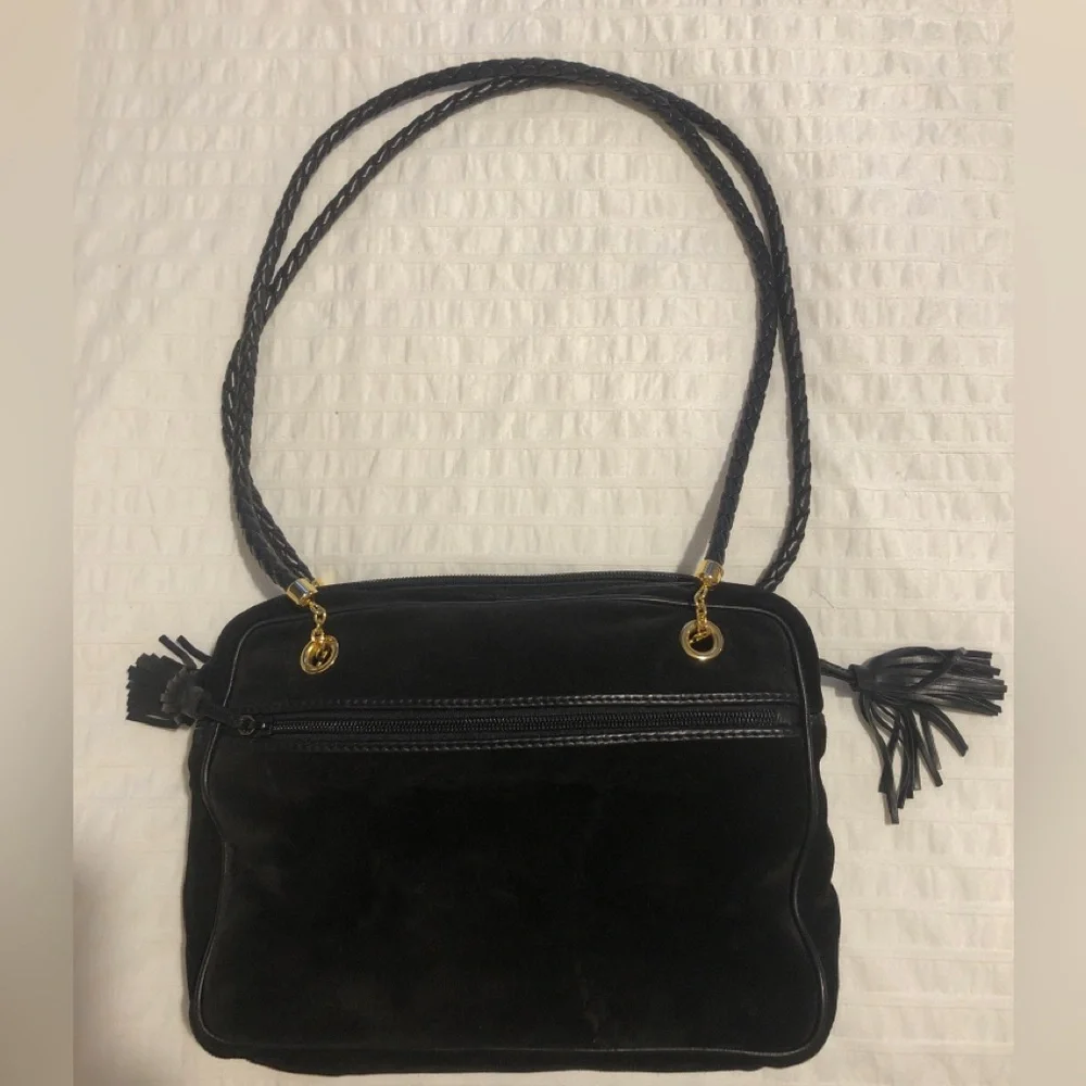 Bottega Veneta Black Suede Shoulder Bag with Leather straps Gold accents - Picture 2 of 13